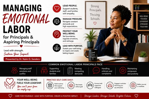 Infographic on managing emotional labor for principals with practical self-care tips and leadership advice.