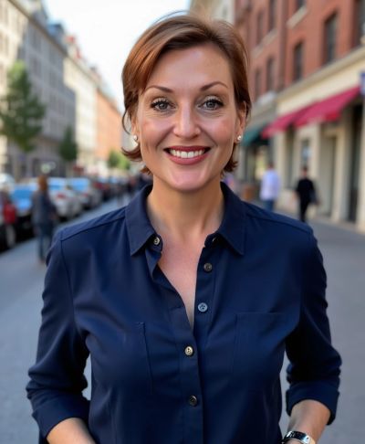 Jenny of Mosaic Framework, wearing a navy blue blouse in an outdoor professional portrait. Jenny pro