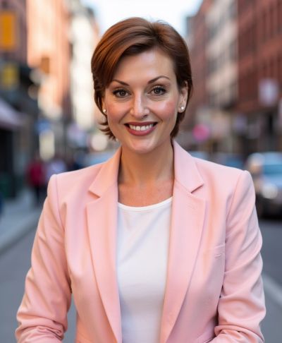 Jenny of Mosaic Framework, wearing a soft pink blazer in a professional outdoor portrait. Jenny prov