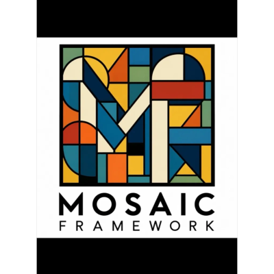 Mosaic Framework business logo featuring colorful geometric shapes in blue, red, gold, and green abo