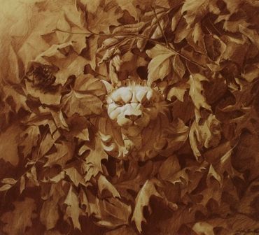 Sepia drawing of lion sculpture surrounded by leaves. Leaves encircle the lion head like a wreath.