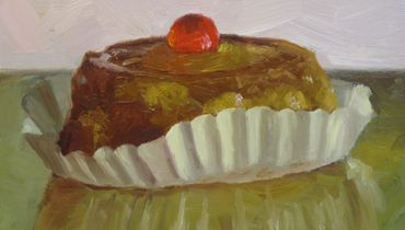 Small oil painting of pineapple upside down cake. 