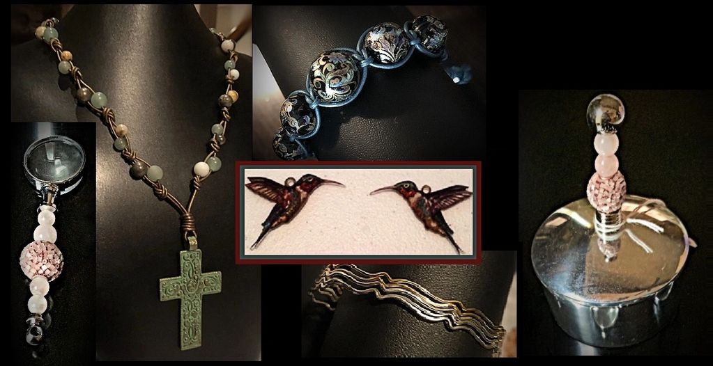 Collage with macramé necklace, bracelet, stack bracelets, hummingbird components and beaded set.