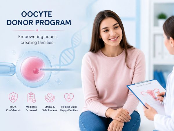 Young woman consulting doctor about oocyte donor program in a friendly clinic setting.
