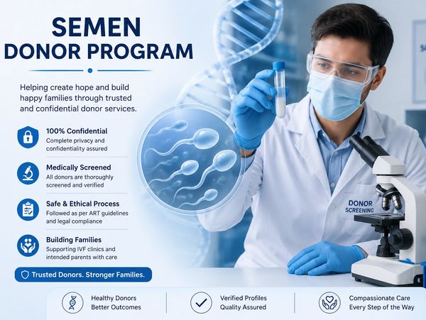 Scientist examines semen sample in a lab for a confidential donor program.