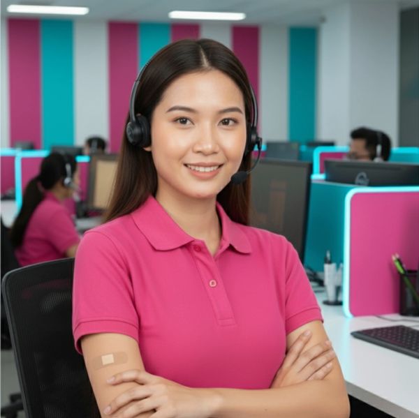 Smiling call center agent in pink shirt with a headset and bandage on arm.