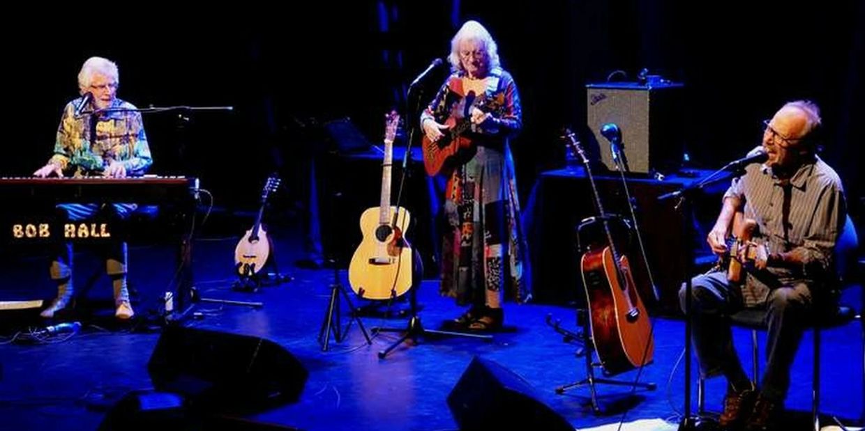 Dave Kelly, Bob Hall and Hilary Blythe playing live on a stage