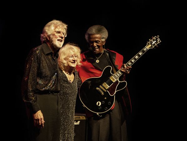 Lil' Jimmy Reed with Bob Hall and Hilary Blythe playing live on a stage