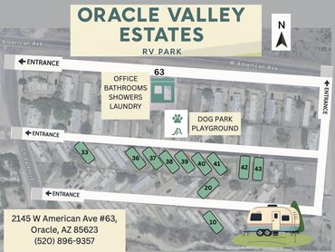 Map of Oracle Valley Estates RV Park showing site numbers and amenities.