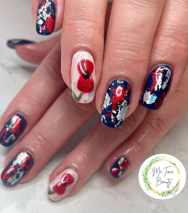 BIAB with foil and hand painted nail art