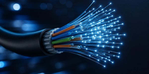 Close-up of illuminated fiber optic cable strands glowing blue.