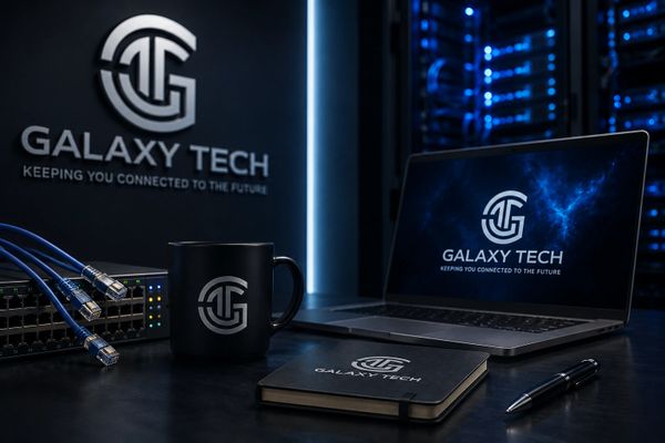 Galaxy Tech branded devices and workspace with dark tech aesthetic.