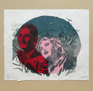 Untitled (2025) monotype on mulberry paper mounted on Rives BFK 16"x16".