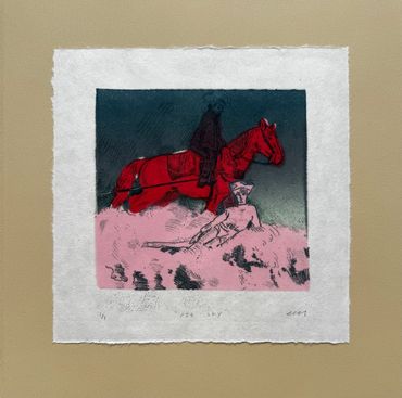 "Pie Sky," (2025) monotype on mulberry paper mounted on Rives BFK 12"x12".