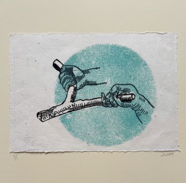 Untitled (2025) monotype on mulberry paper mounted on Rives BFK 12"x12".