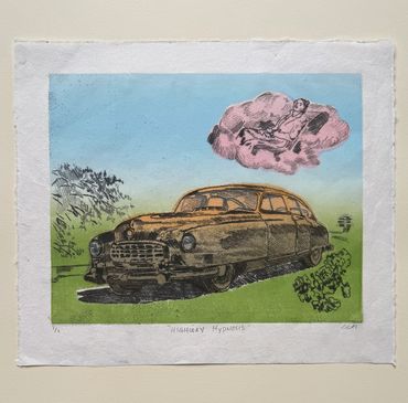 "Highway Hypnosis," (2024) monotype on mulberry paper mounted on Rives BFK. 18"x18".