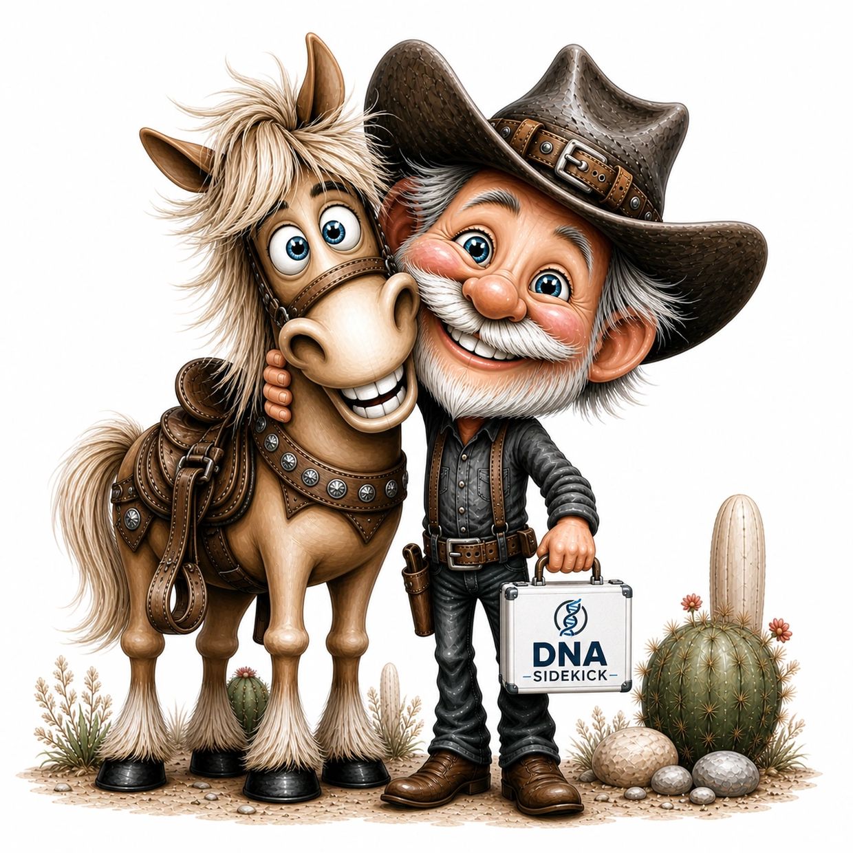 Cartoon cowboy with horse and DNA Sidekick briefcase in desert.