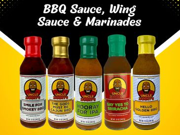 black yellow background   BBQ Sauce, Wing Sauce,  Marinades  Five bottles of  sauces