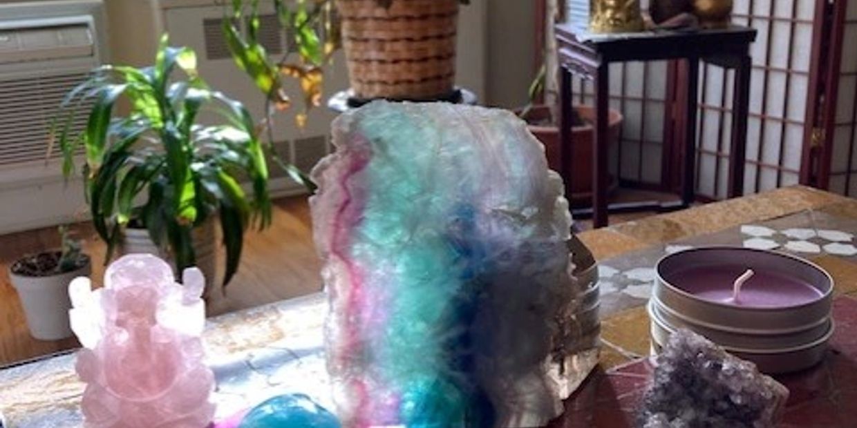 Distant Crystal Healing of Rainbow Fluorite and Rose Quartz Ganesh, Amethyst and Tektite