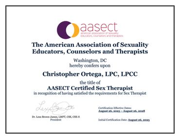 Certificate for Christopher Ortega as AASECT Certified Sex Therapist.
