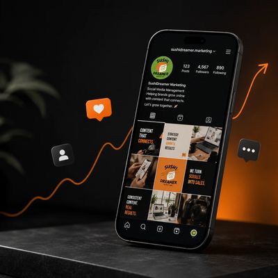 Smartphone displaying a social media marketing profile with engagement icons and a rising graph.