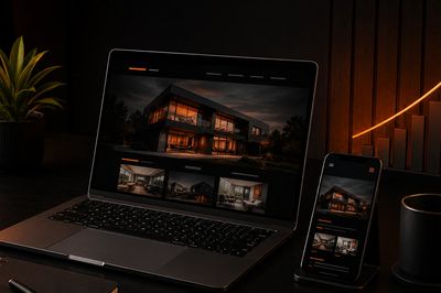 Laptop and smartphone displaying a modern home design website in a dark setting.