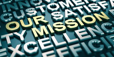 3D words highlighting 'OUR MISSION' in gold among business terms.