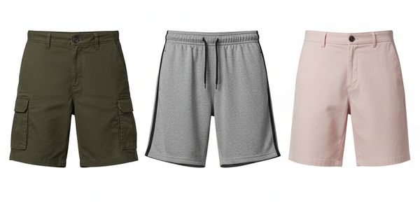 A collection of six different styles of men's shorts arranged in two rows.