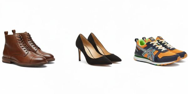 Nine pairs of diverse shoes including sneakers, boots, heels, and sandals.
