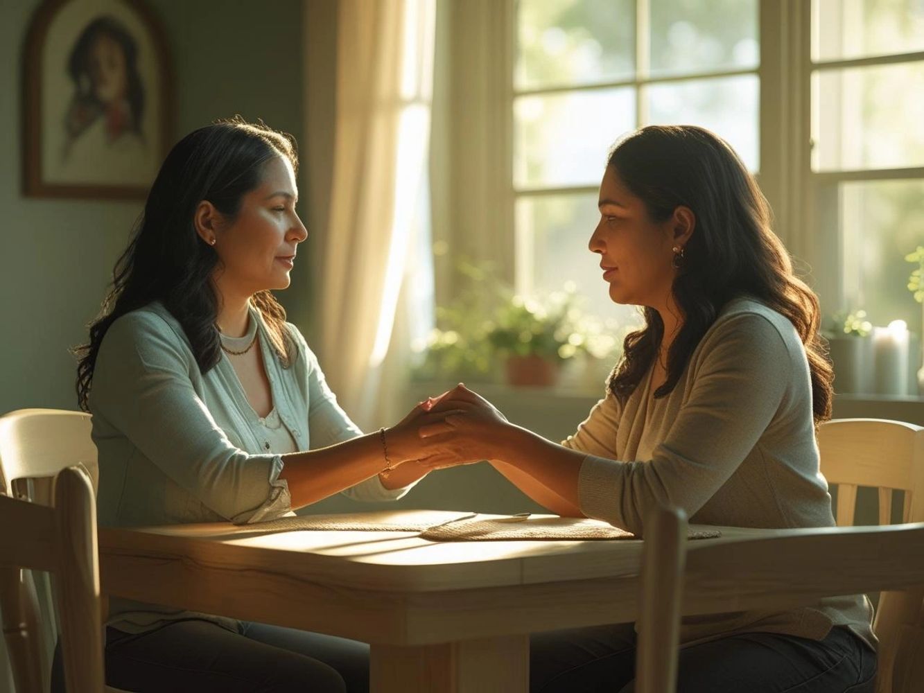 Two women holding hands across a table, offering grief support and comfort while coping with grief together.