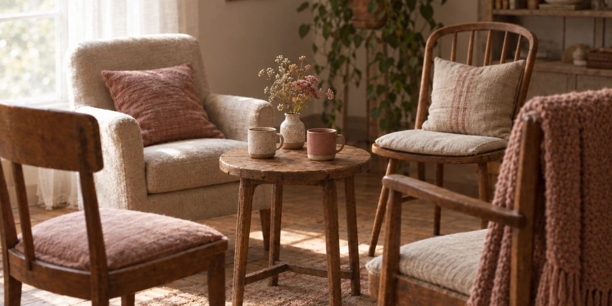 A circle of mismatched chairs in a sunlit living room with two mugs on a side table