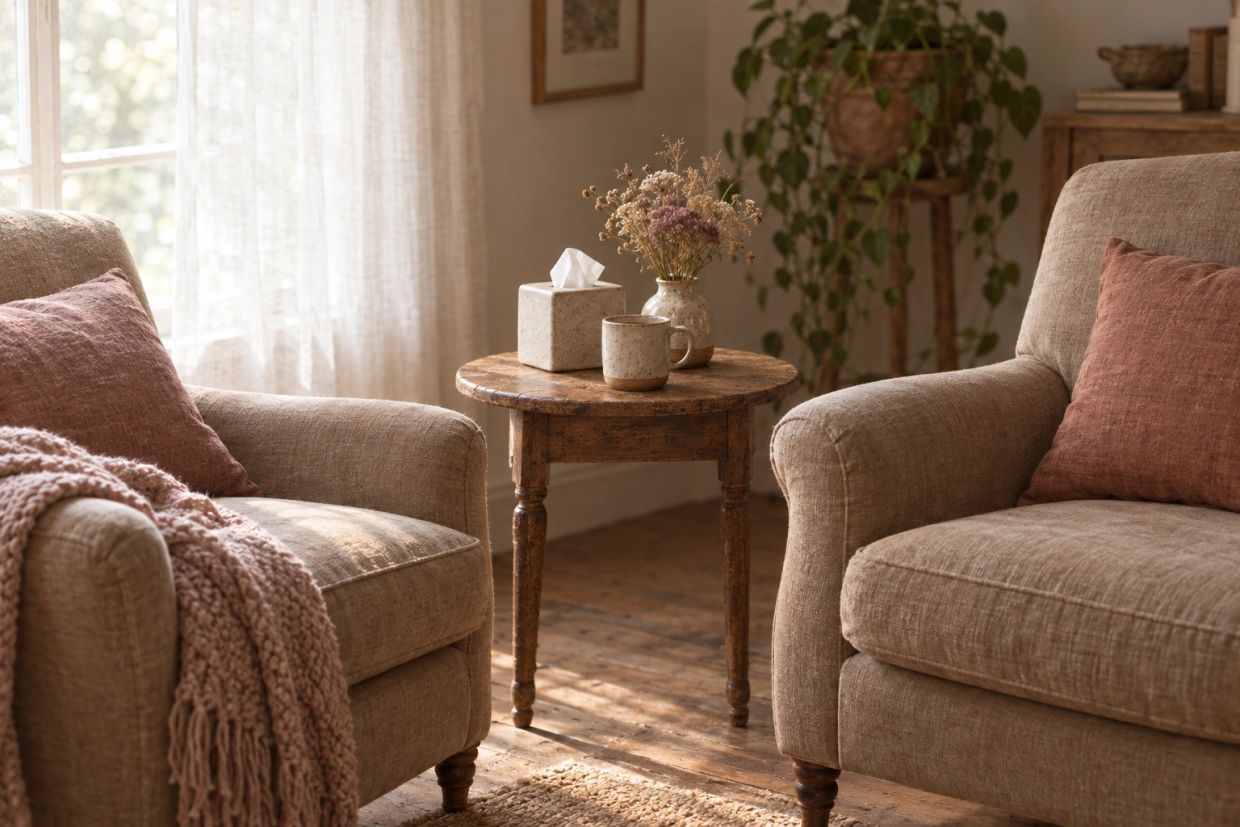 Two armchairs turned toward each other beside a small table with tissues and a mug.