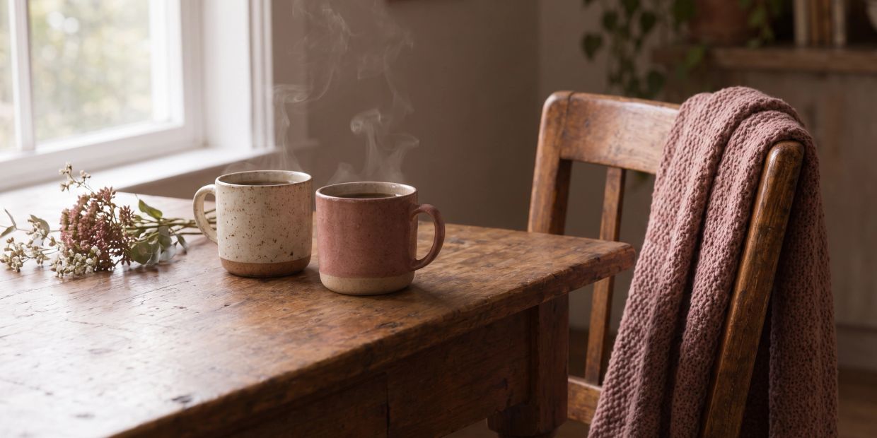 Two steaming mugs of tea side by side on a worn wooden table beside a window, with a wooden chair pu