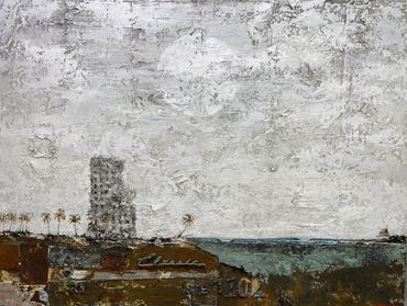 modern painting of an abandoned hotel on the beach