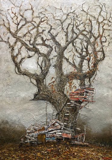 oil painting of an old tree with a treehouse
