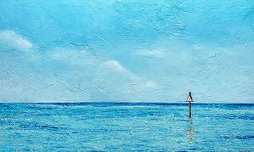 fine art painting of the caribbean ocean with a channel marker.