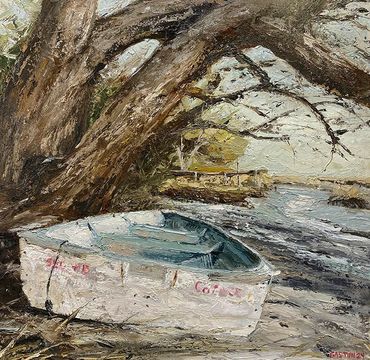 fine art oil painting of a dinghy on a sandy bank
