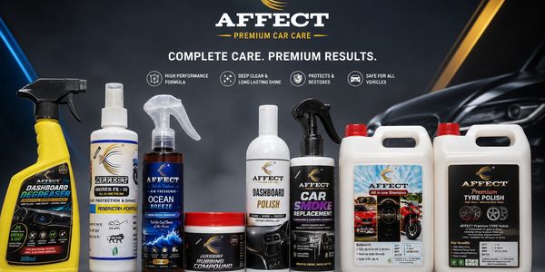 Various car care products from Affect line arranged in a row.