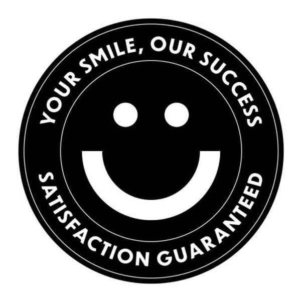 satisfaction guarantee icon, says your smile, our success satisfaction guaranteed