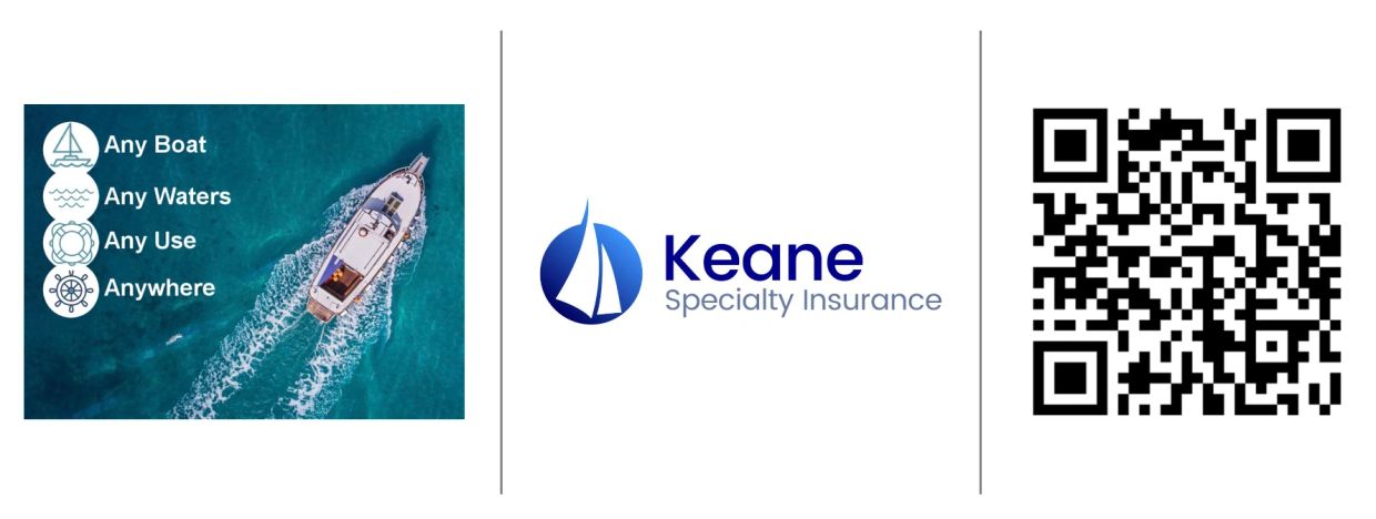 Boat insurance by Keane Specialty Insurance with QR code.