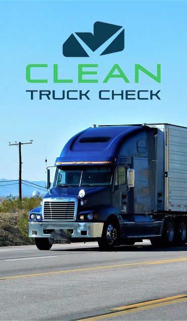 Blue semi-truck on highway with Clean Truck Check logo above.
