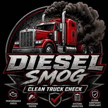 Illustration of a red diesel truck emitting black smoke with text promoting a clean truck check.