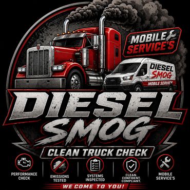 Diesel Smog clean truck check mobile service with red truck and white van.