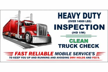 Red heavy-duty truck illustration promoting fast, reliable mobile inspection services.