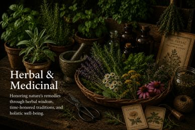 A rustic setup of medicinal herbs with vintage bottles and a mortar on a wooden table.