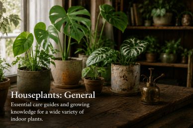 Various houseplants in rustic pots on a wooden table near a window.