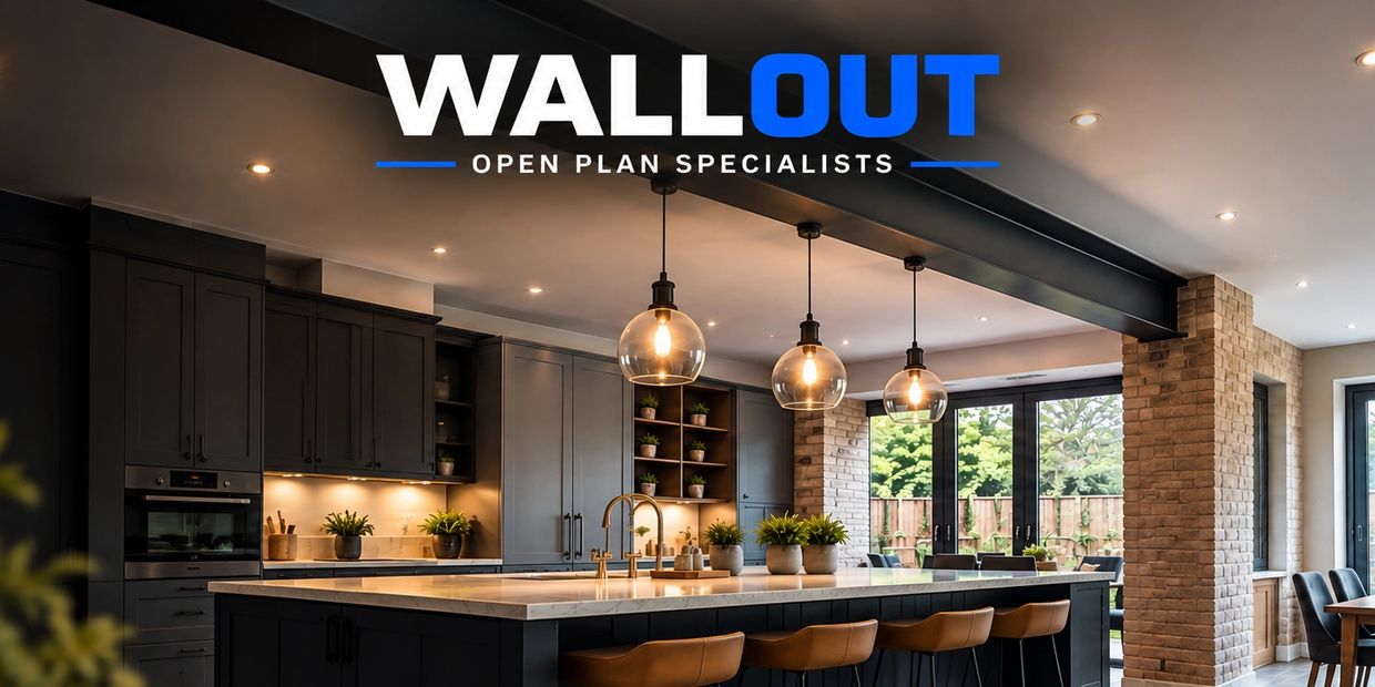 Modern open plan kitchen with pendant lights and black cabinetry.