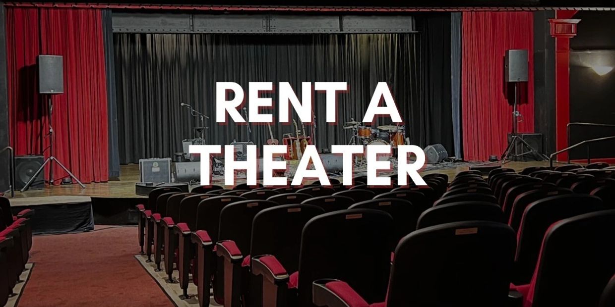 Empty theater with stage and musical instruments, text inviting to rent the theater.