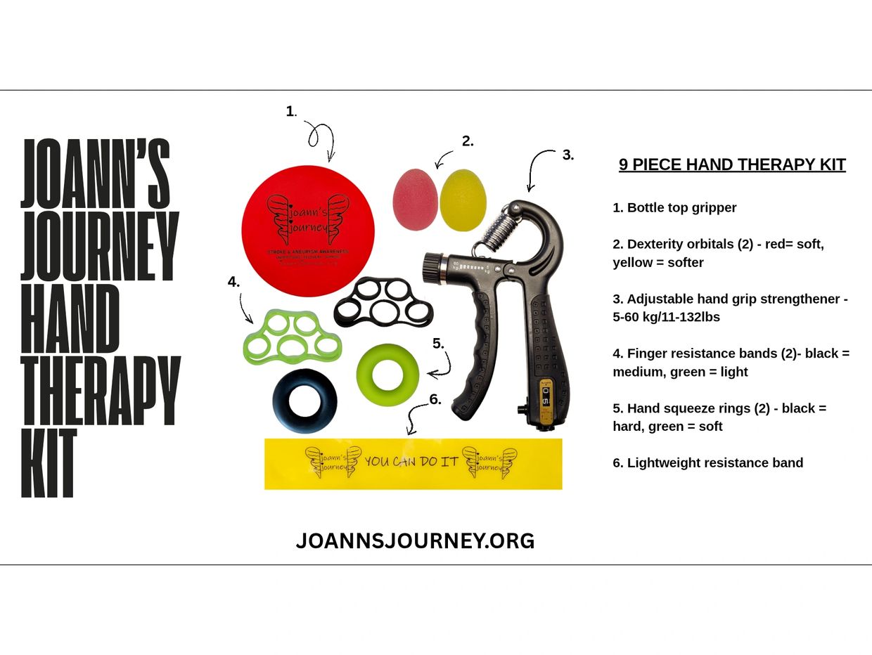 JoAnn’s Journey 9-piece hand therapy kit: gripper, orbitals, grip trainer, finger bands, squeeze rin