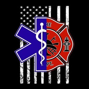 American flag with EMS and firefighter symbols combined in front.